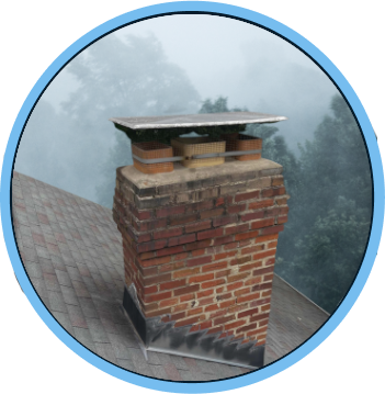 Brick chimney with metal chimney cap and flashing on a roof during a severe storm, highlighting storm damage chimney repair services by Rooftop Chimney Sweeps.