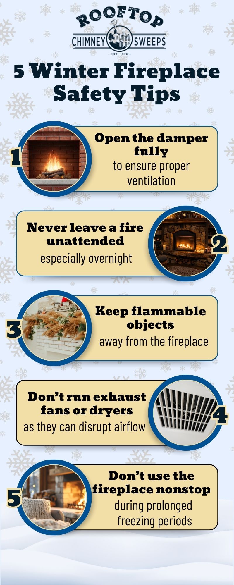 an infographic sharing five winter fireplace safety tips
